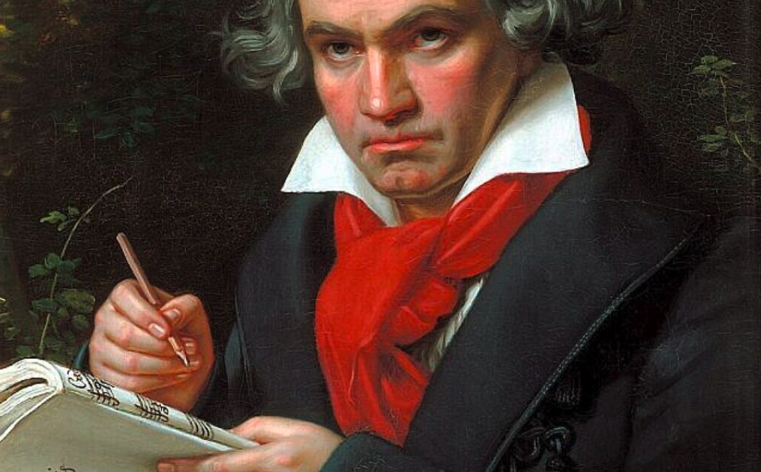 Portrait de 1820 de Ludwig van Beethoven en train de composer la Missa Solemnis.